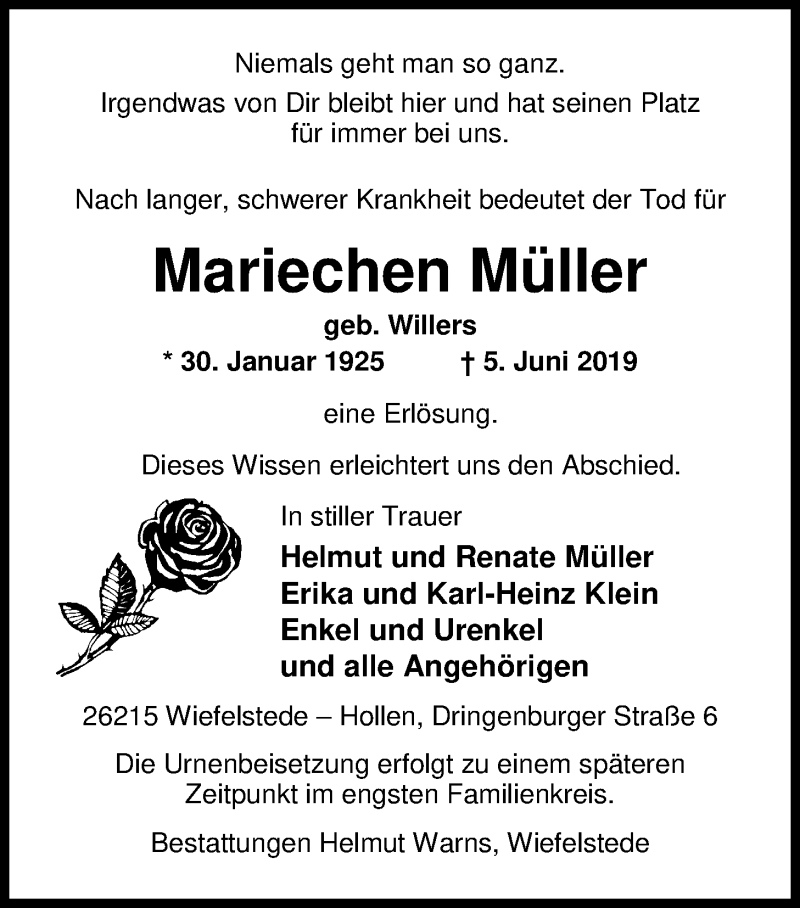  Traueranzeige für Mariechen Müller vom 11.06.2019 aus Nordwest-Zeitung