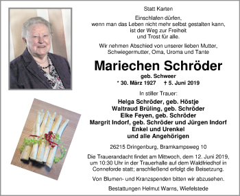 Traueranzeige von Mariechen Schröder von Nordwest-Zeitung