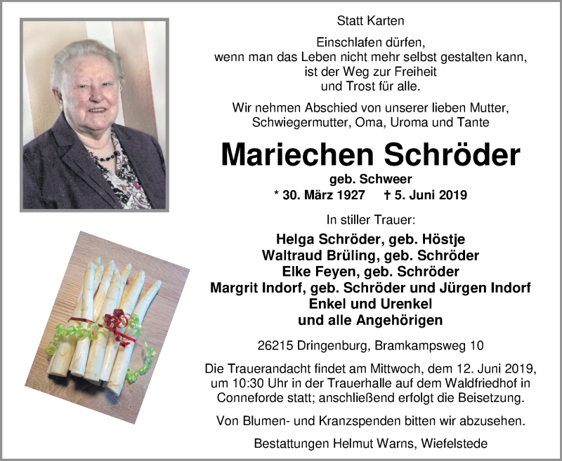  Traueranzeige für Mariechen Schröder vom 08.06.2019 aus Nordwest-Zeitung