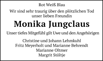 Traueranzeige von Monika Jungclaus von Nordwest-Zeitung
