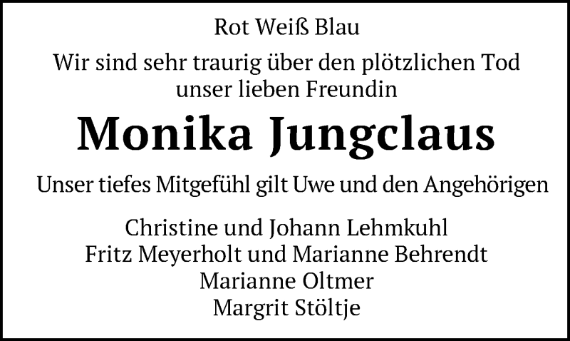  Traueranzeige für Monika Jungclaus vom 22.06.2019 aus Nordwest-Zeitung