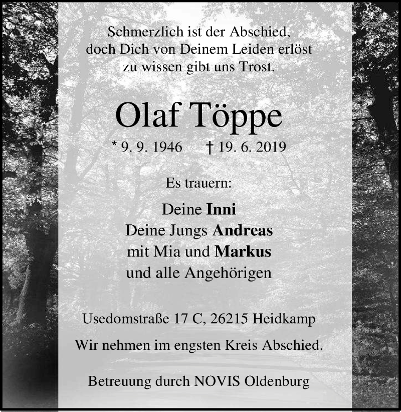  Traueranzeige für Olaf Töppe vom 25.06.2019 aus Nordwest-Zeitung