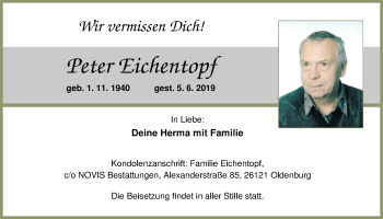 Traueranzeige von Peter Eichentopf von Nordwest-Zeitung