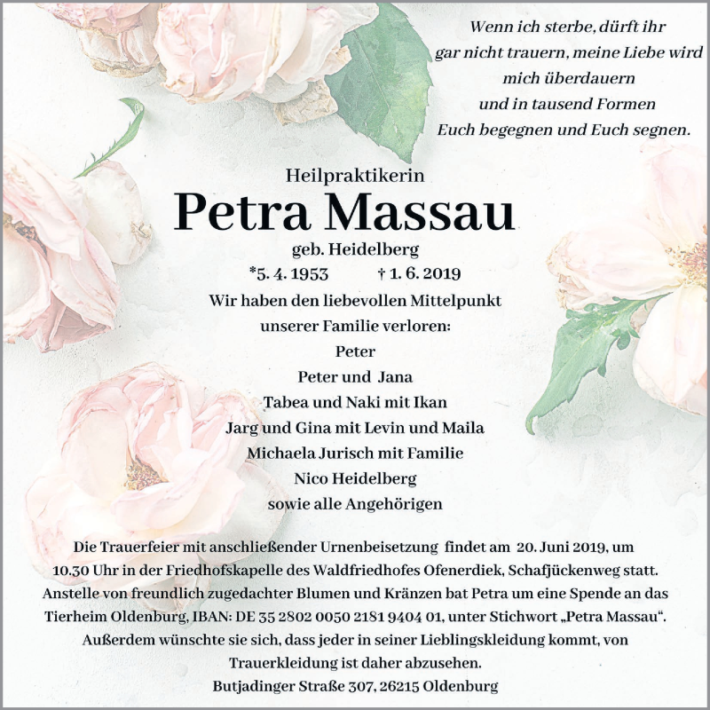  Traueranzeige für Petra Massau vom 08.06.2019 aus Nordwest-Zeitung