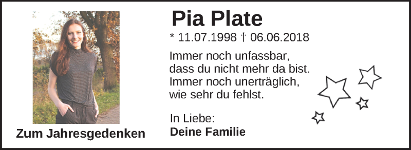  Traueranzeige für Pia Plate vom 06.06.2019 aus Nordwest-Zeitung