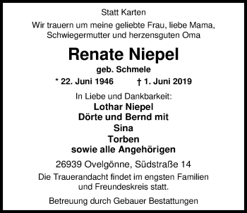 Traueranzeige von Renate Niepel von Nordwest-Zeitung