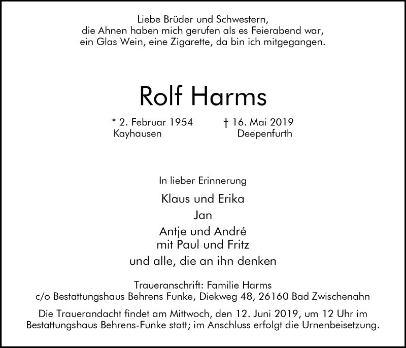  Traueranzeige für Rolf Harms vom 08.06.2019 aus Nordwest-Zeitung