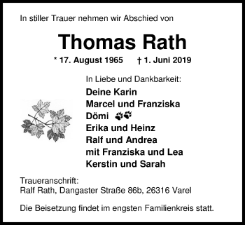 Traueranzeige von Thomas Rath von Nordwest-Zeitung