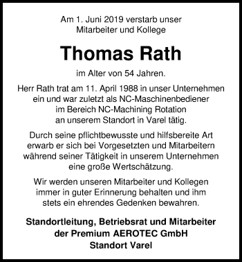 Traueranzeige von Thomas Rath von Nordwest-Zeitung