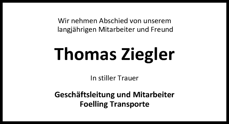  Traueranzeige für Thomas Ziegler vom 27.06.2019 aus Nordwest-Zeitung