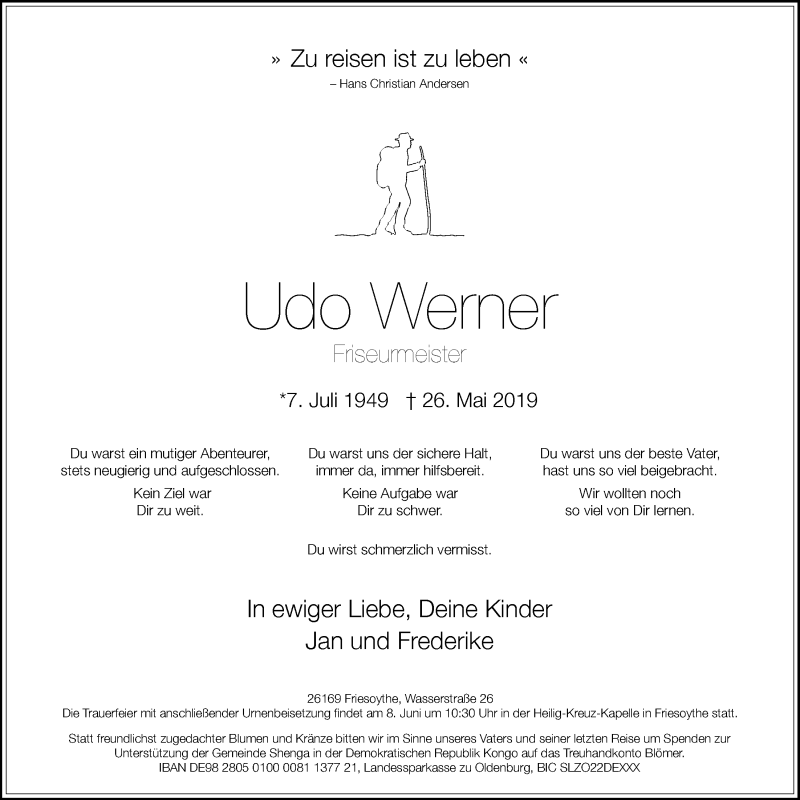 Traueranzeige für Udo Werner vom 01.06.2019 aus Nordwest-Zeitung