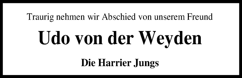  Traueranzeige für Udo von der Weyden vom 15.06.2019 aus Nordwest-Zeitung