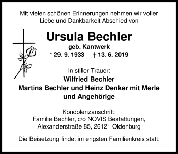 Traueranzeige von Ursula Bechler von Nordwest-Zeitung