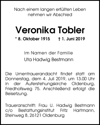 Traueranzeige von Veronika Tobler von Nordwest-Zeitung