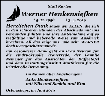 Traueranzeige von Werner Henkensiefken von Nordwest-Zeitung