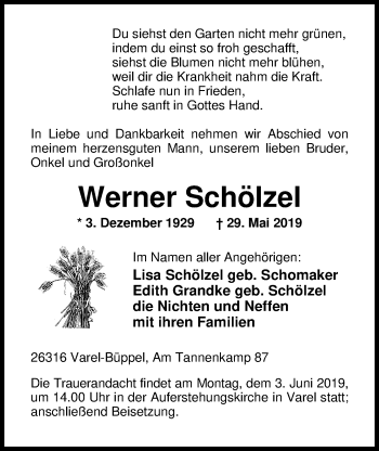 Traueranzeige von Werner Schölzel von Nordwest-Zeitung