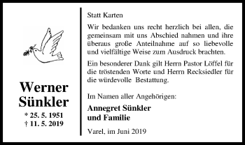 Traueranzeige von Werner Sünkler von Nordwest-Zeitung