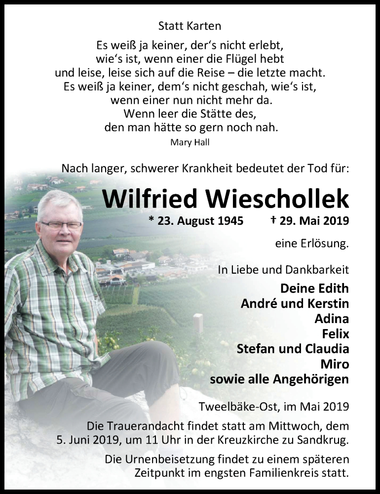 Traueranzeige für Wilfried Wieschollek vom 01.06.2019 aus Nordwest-Zeitung