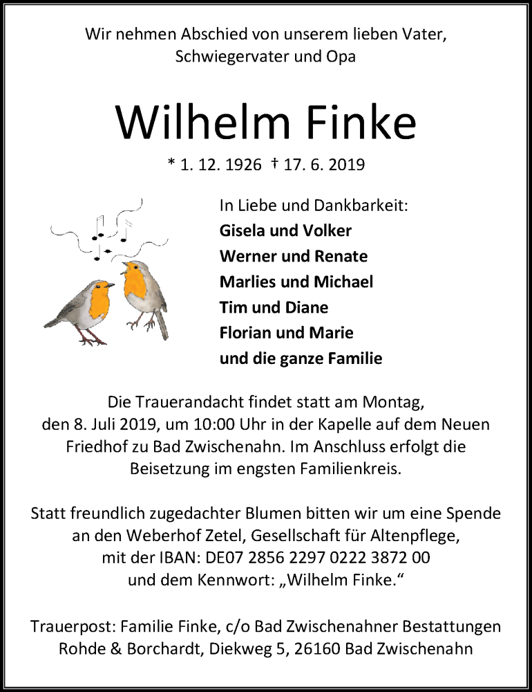  Traueranzeige für Wilhelm Finke vom 22.06.2019 aus Nordwest-Zeitung