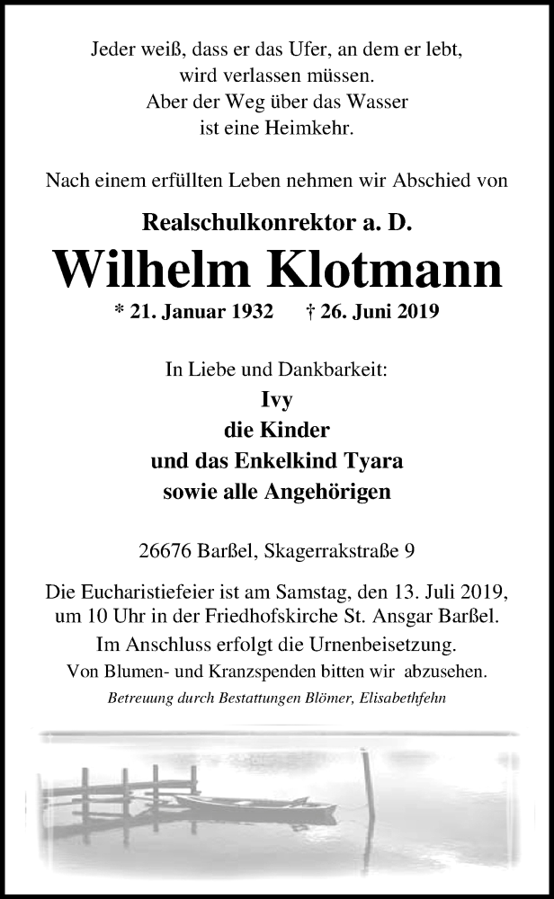  Traueranzeige für Wilhelm Klotmann vom 29.06.2019 aus Nordwest-Zeitung
