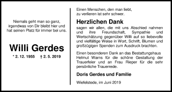 Traueranzeige von Willi Gerdes von Nordwest-Zeitung