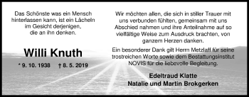 Traueranzeige von Willi Knuth von Nordwest-Zeitung