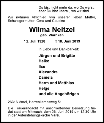 Traueranzeige von Wilma Neitzel von Nordwest-Zeitung