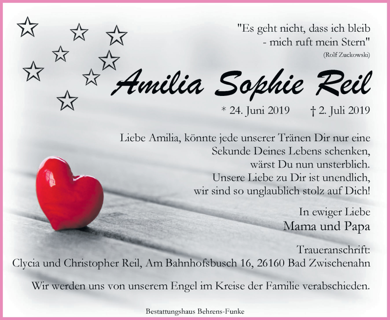  Traueranzeige für Amilia Sophie Reil vom 08.07.2019 aus Nordwest-Zeitung
