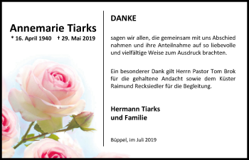 Traueranzeige von Annemarie Tiarks von Nordwest-Zeitung