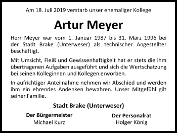 Traueranzeige von Artur Meyer von Nordwest-Zeitung