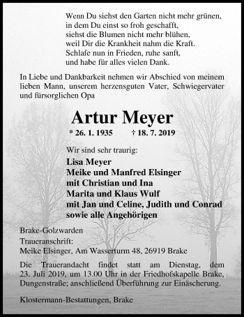 Traueranzeige von Artur Meyer von Nordwest-Zeitung