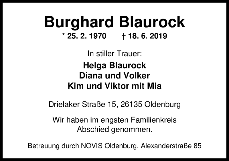  Traueranzeige für Burghard Blaurock vom 03.07.2019 aus Nordwest-Zeitung
