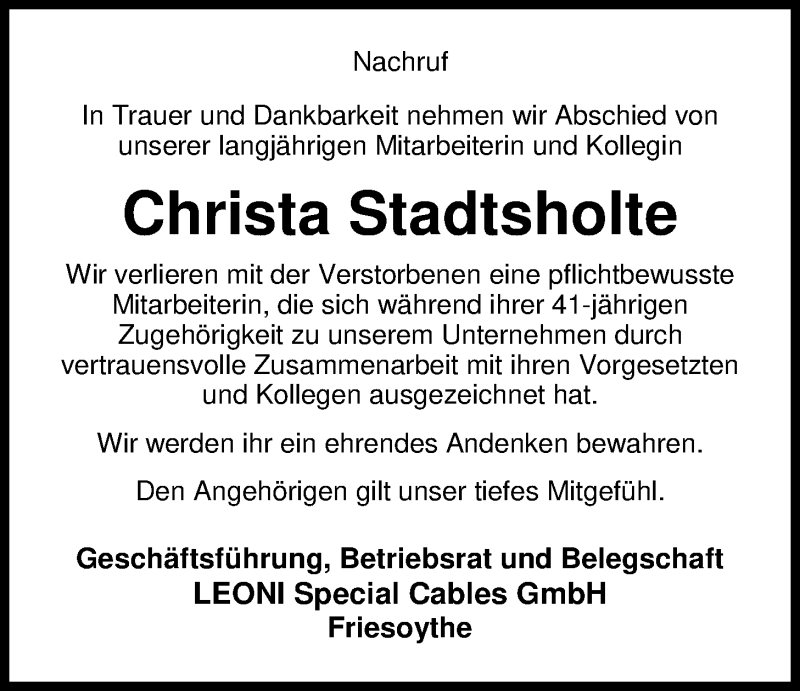  Traueranzeige für Christa Stadtsholte vom 23.07.2019 aus Nordwest-Zeitung
