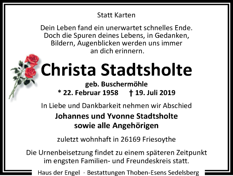  Traueranzeige für Christa Stadtsholte vom 22.07.2019 aus Nordwest-Zeitung