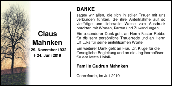 Traueranzeige von Claus Mahnken von Nordwest-Zeitung