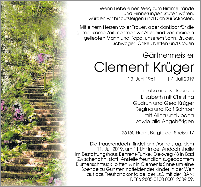  Traueranzeige für Clement Krüger vom 09.07.2019 aus Nordwest-Zeitung