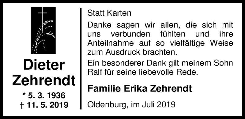  Traueranzeige für Dieter Zehrendt vom 06.07.2019 aus Nordwest-Zeitung
