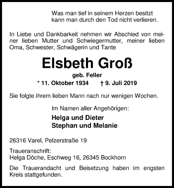 Traueranzeige von Elsbeth Groß von Nordwest-Zeitung