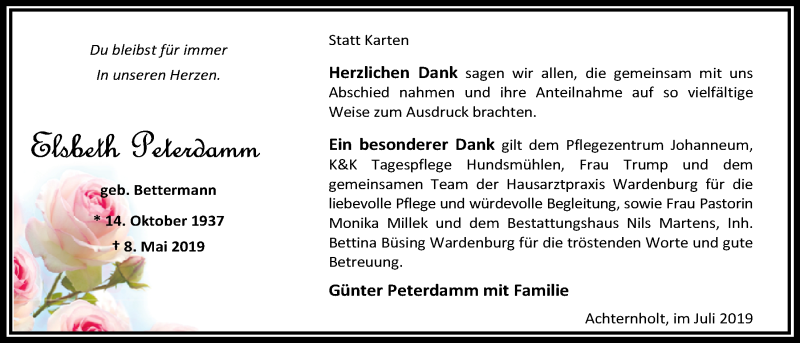  Traueranzeige für Elsbeth Peterdamm vom 12.07.2019 aus Nordwest-Zeitung