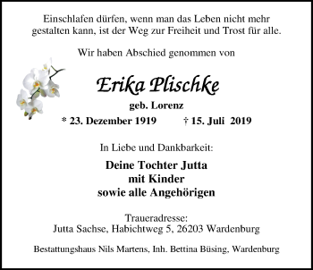 Traueranzeige von Erika Plischke von Nordwest-Zeitung