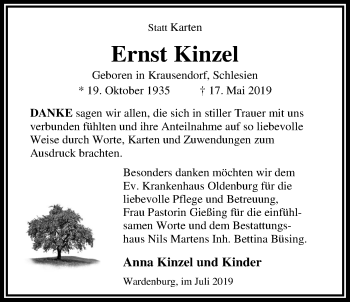 Traueranzeige von Ernst Kinzel von Nordwest-Zeitung