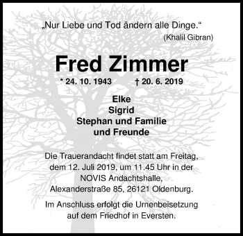 Traueranzeige von Fred Zimmer von Nordwest-Zeitung