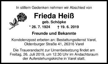 Traueranzeige von Frieda Heiß von Nordwest-Zeitung