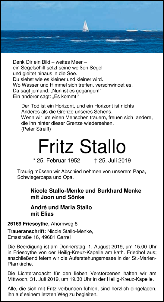  Traueranzeige für Fritz Stallo vom 27.07.2019 aus Nordwest-Zeitung
