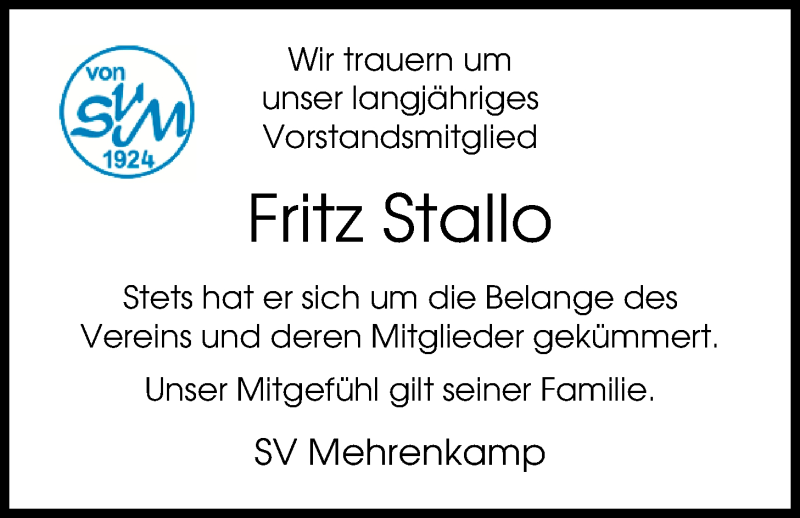  Traueranzeige für Fritz Stallo vom 29.07.2019 aus Nordwest-Zeitung