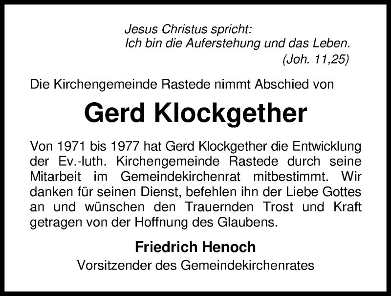  Traueranzeige für Gerd Klockgether vom 12.07.2019 aus Nordwest-Zeitung