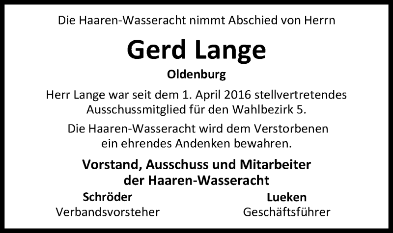  Traueranzeige für Gerd Lange vom 31.07.2019 aus Nordwest-Zeitung