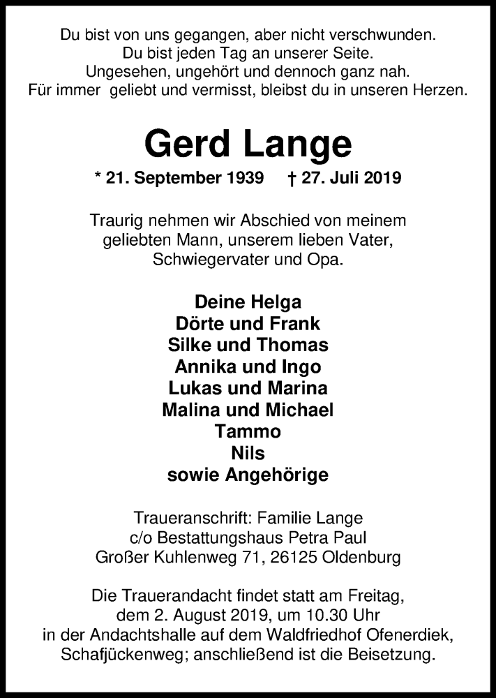  Traueranzeige für Gerd Lange vom 31.07.2019 aus Nordwest-Zeitung