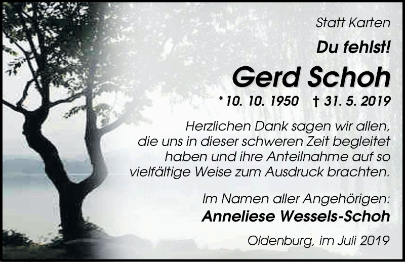 Traueranzeige für Gerd Schoh vom 20.07.2019 aus Nordwest-Zeitung