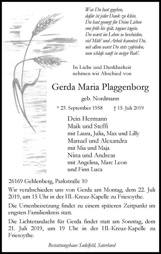  Traueranzeige für Gerda Maria Plaggenborg vom 18.07.2019 aus Nordwest-Zeitung